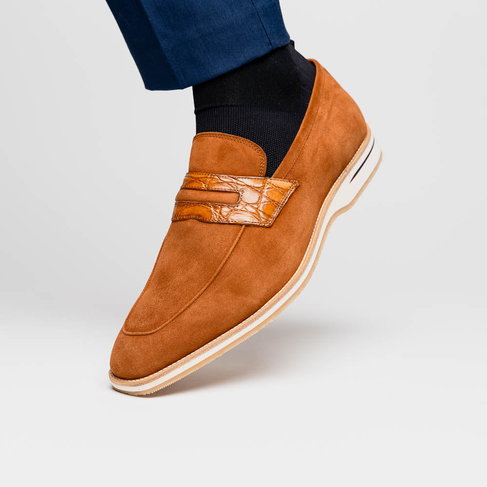 Zelli Meo 3 Contemporary Suede and Crocodile Penny Loafers in Cognac