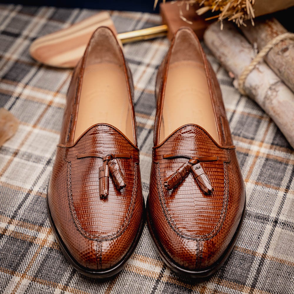 Zelli Franco Cognac Lizard Tassel Loafer with Classic Apron Toe