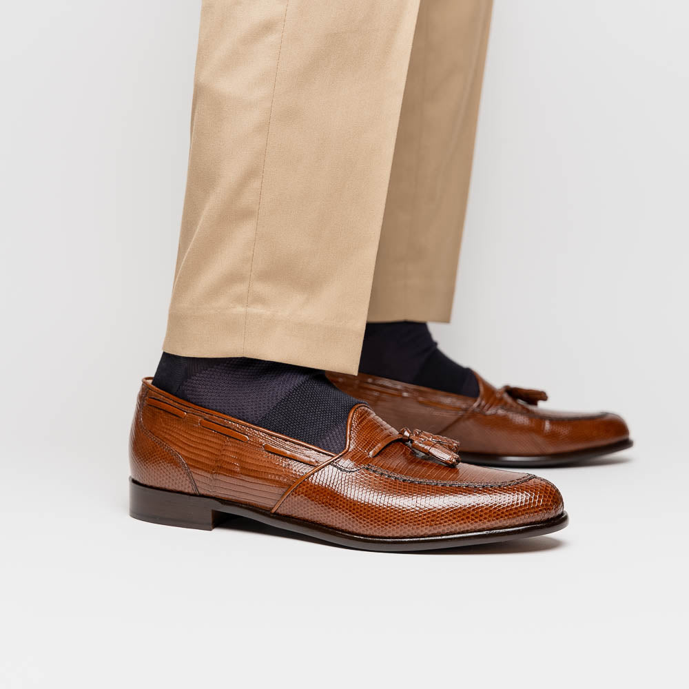 Zelli Franco Cognac Lizard Tassel Loafer with Classic Apron Toe