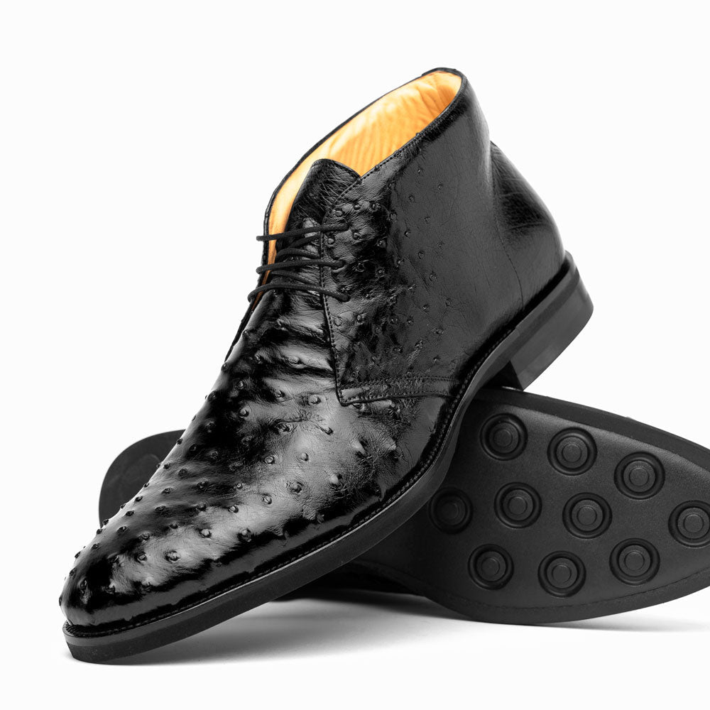 Zelli Marco Genuine Ostrich Quill Lace-Up Chukka Boots in Black