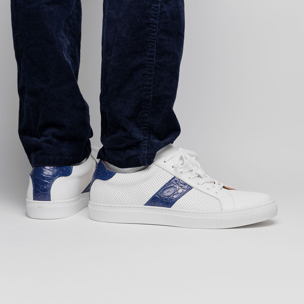 Zelli Olympias Crocodile-Trimmed Calfskin Sneakers in White and Navy