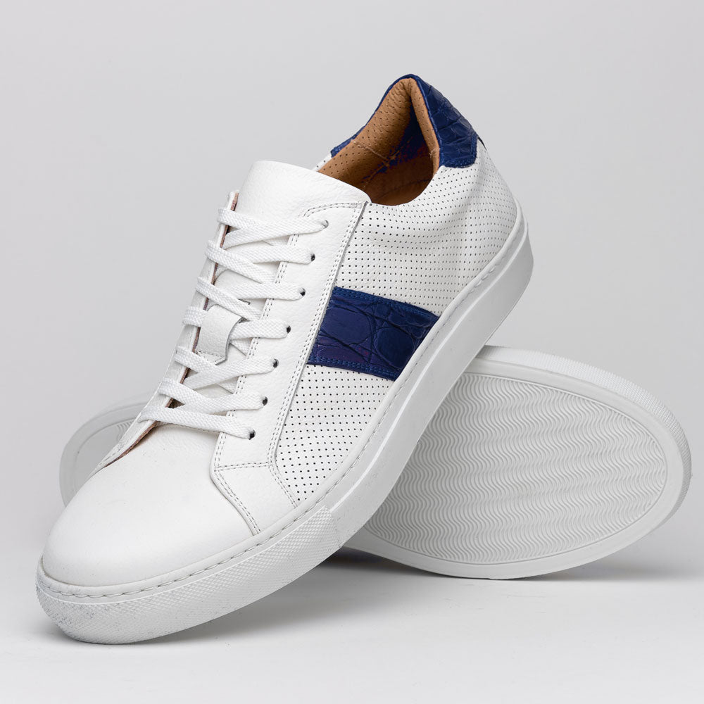 Zelli Olympias Crocodile-Trimmed Calfskin Sneakers in White and Navy