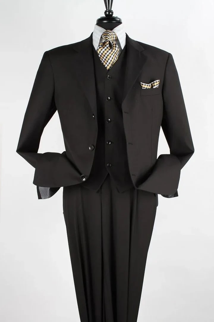 Trajes Elegantes Para Hombre - Trajes De Vestir - Mens Classic Fit Three Button Vested Single Pleated Black Suit