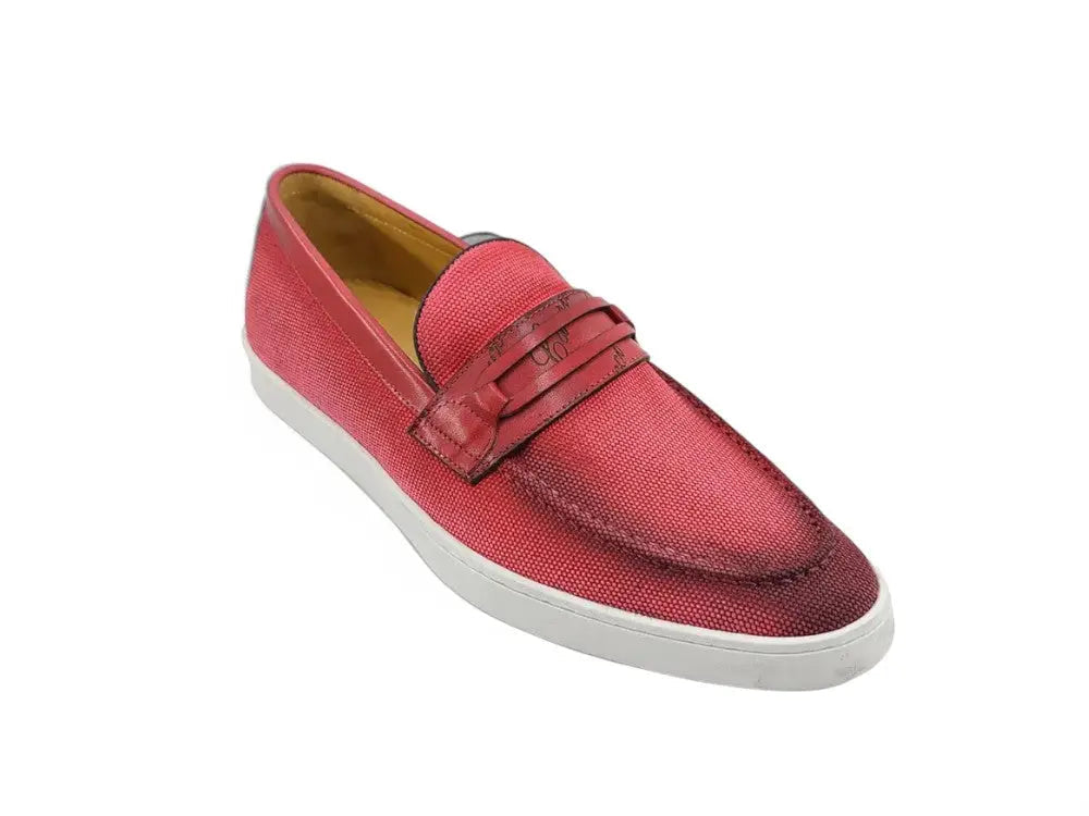 Embossed Leather Strap Linen Sneaker Carrucci
