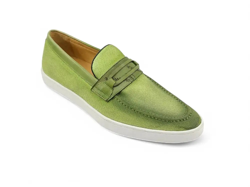 Embossed Leather Strap Linen Sneaker Carrucci