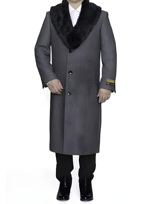 Removable Ankle length Fur Collar Full Length Gray Wool Herringbone ~ Overcoat 1920s 1940s men's Fashion Vintage Style - Mens