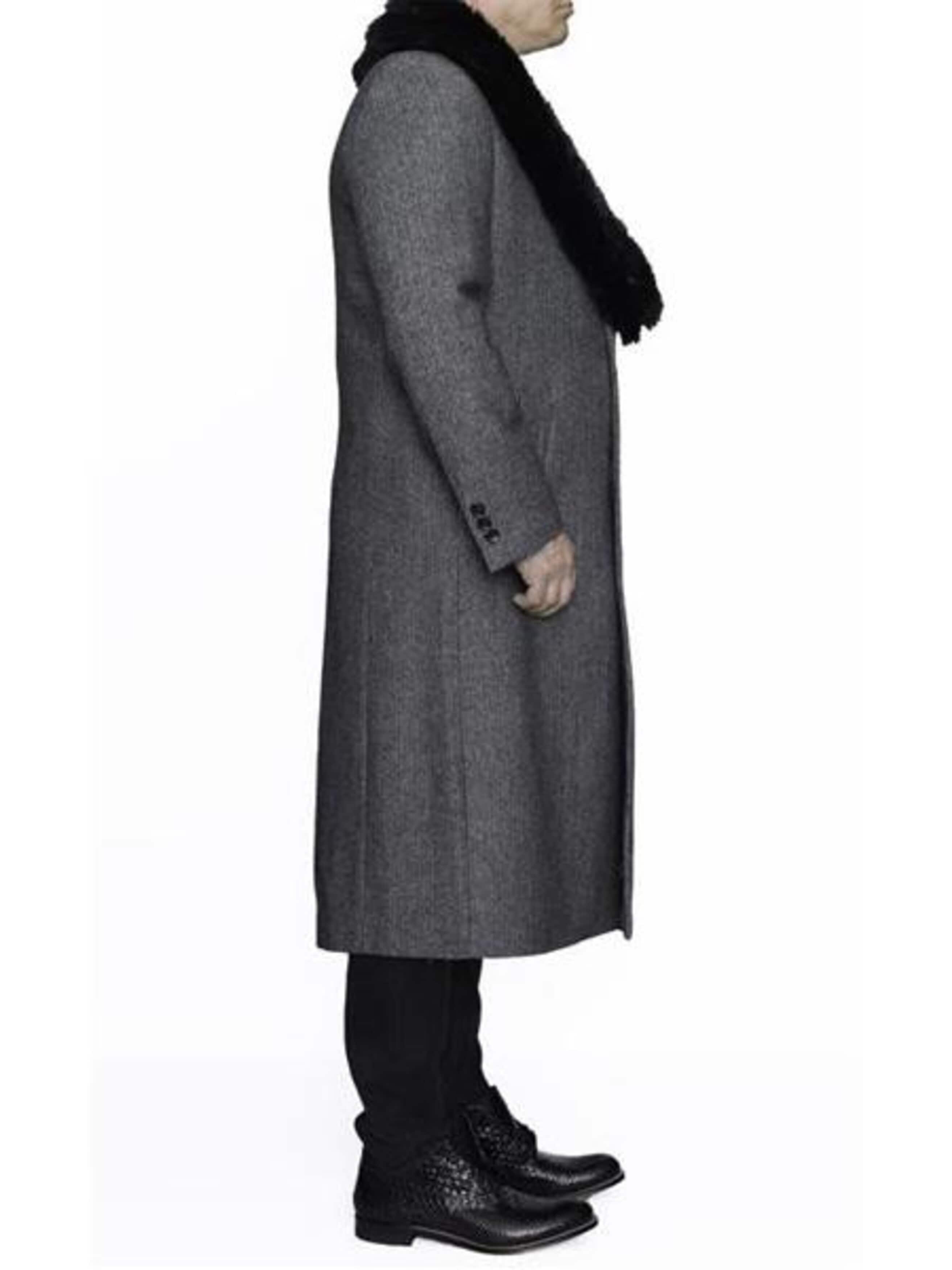 Removable Ankle length Fur Collar Full Length Gray Wool Herringbone ~ Overcoat 1920s 1940s men's Fashion Vintage Style - Mens