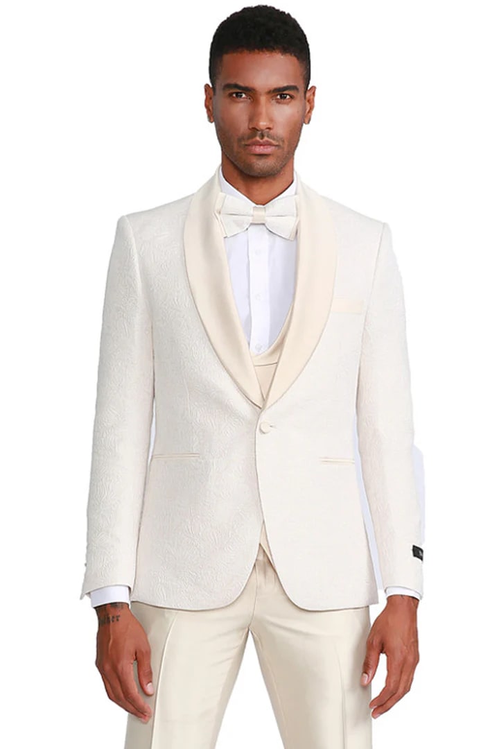 Trajes Elegantes Para Hombre - Trajes De Vestir - Mens One Button Vested Paisley Ivory Prom Wedding Tuxedo