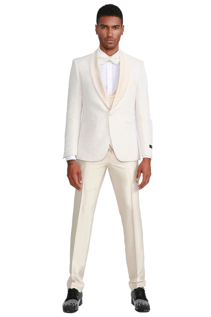 Trajes Elegantes Para Hombre - Trajes De Vestir - Mens One Button Vested Paisley Ivory Prom Wedding Tuxedo