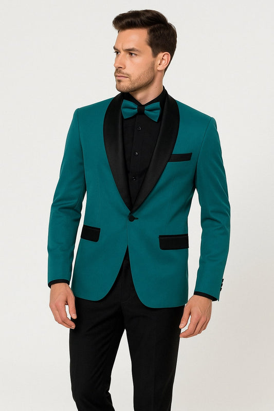 Men's Teal Blue Velvet Tuxedo with Black Satin Lapel and Bow Tie + Black Pants