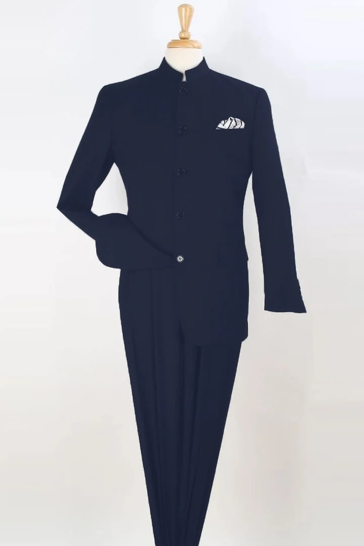 Trajes Elegantes Para Hombre - Trajes De Vestir - Mens Five Button Mandarin Banded Collar Navy Blue Fashion Suit