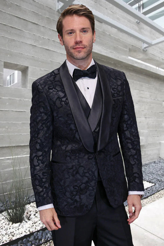 Men's Black Paisley Velvet Smoking Jacket Tuxedo with Vested Double Breasted Prom & Wedd