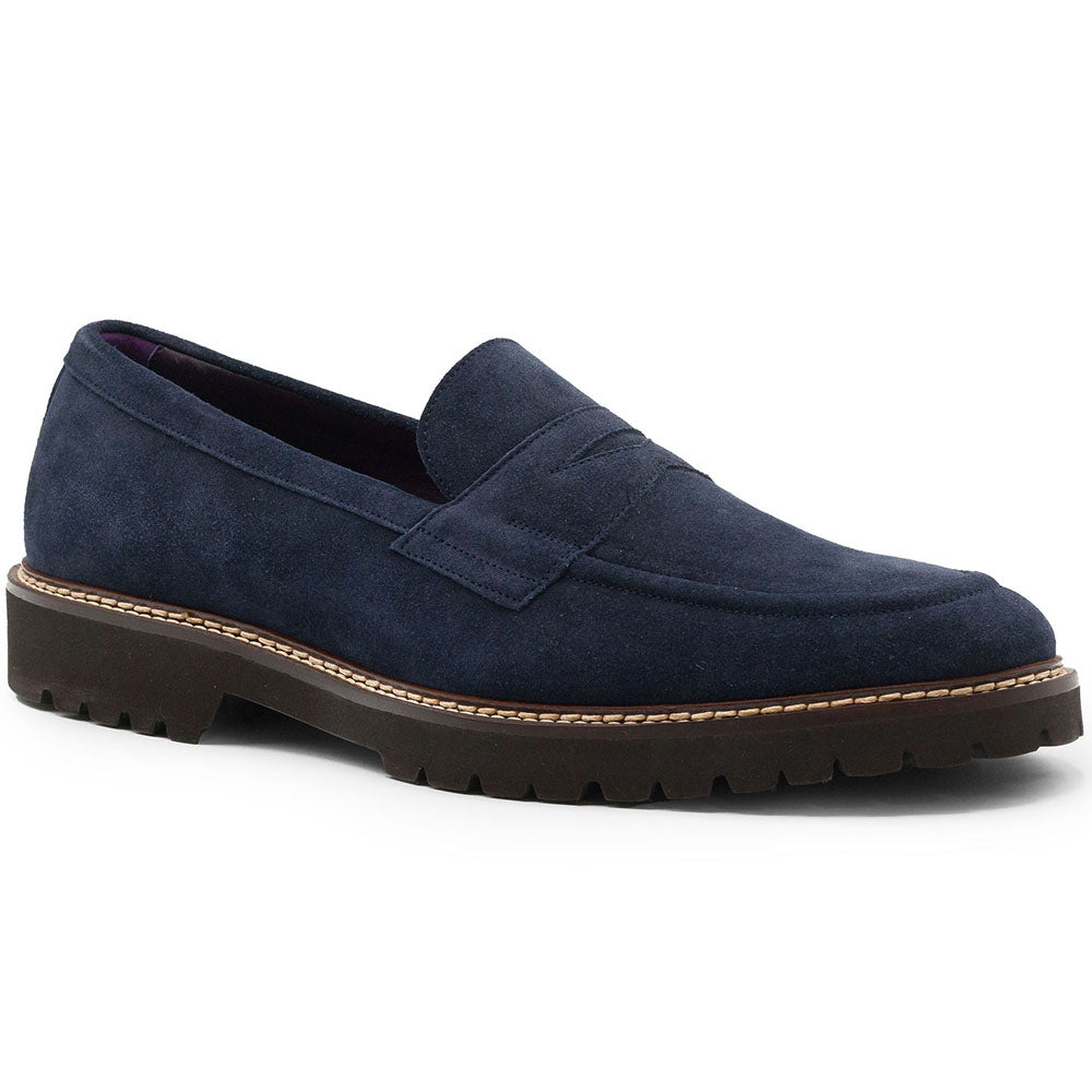 Zelli Roma Italian Suede Penny Loafers in Navy with Rubber Lug Sole