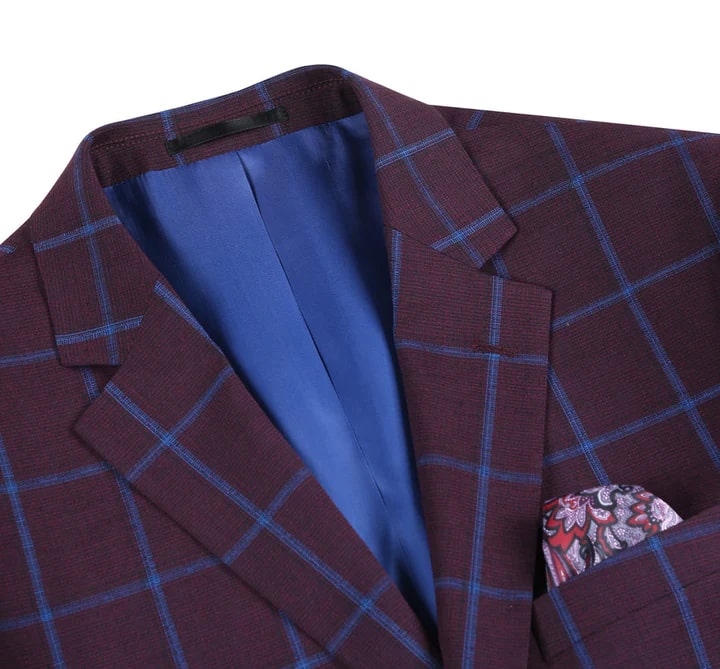 Sacos Vaqueros - Sacos Para Hombre - Mens Two Button Slim Fit Sport Coat Blazer In Burgundy & Blue Windowpane Plaid