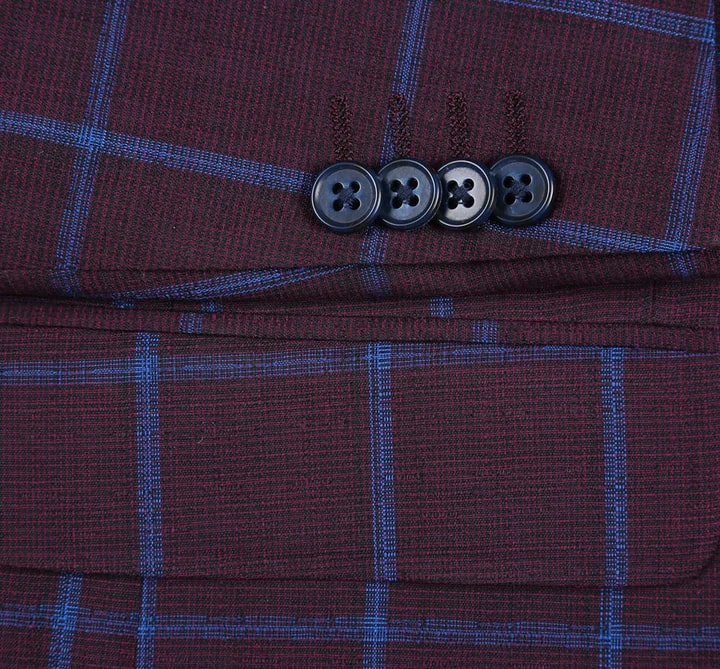 Sacos Vaqueros - Sacos Para Hombre - Mens Two Button Slim Fit Sport Coat Blazer In Burgundy & Blue Windowpane Plaid