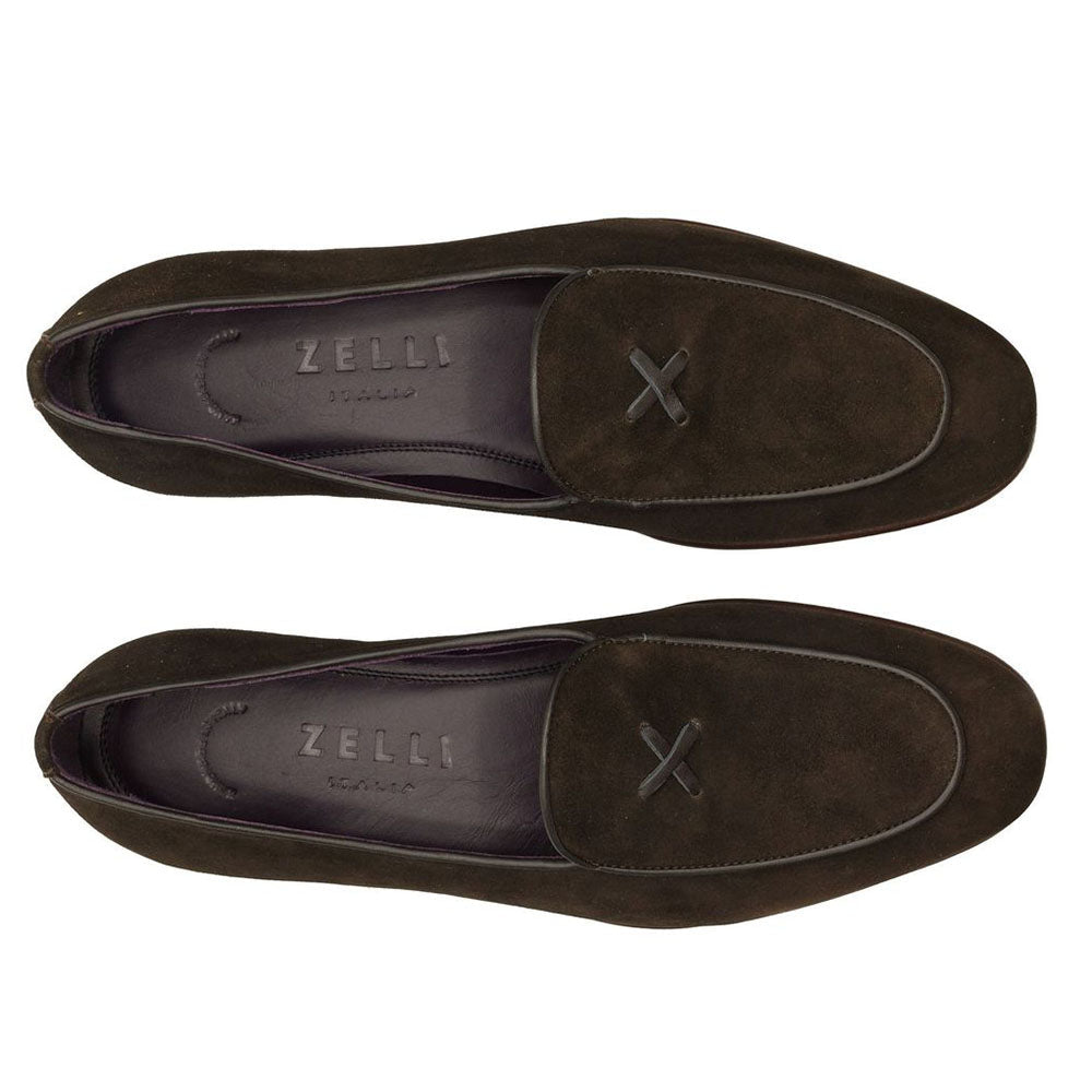 Zelli Sueded Goatskin Loafer with Crocodile Vamp in Nicotine