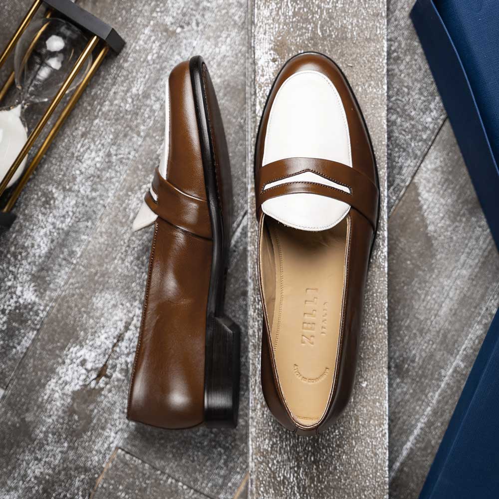 Zelli Alba Italian Calfskin Penny Loafers in Camel and Cream