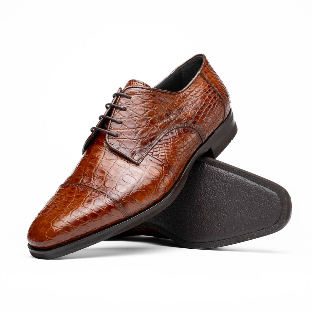 Zelli Andrea Genuine Crocodile Cap Toe Derby Dress Shoes in Cognac