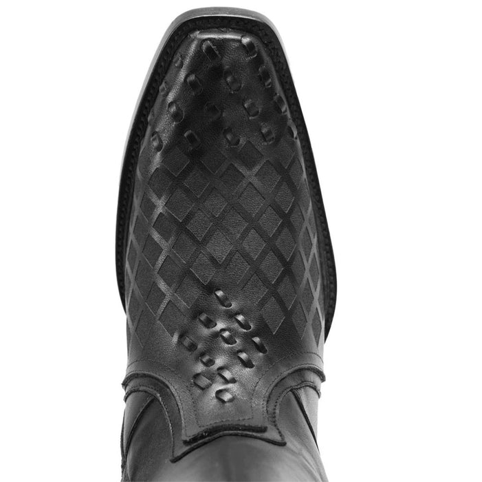 Botas de Cuero Tejido Horma Rodeo Cuadrada Color Negro