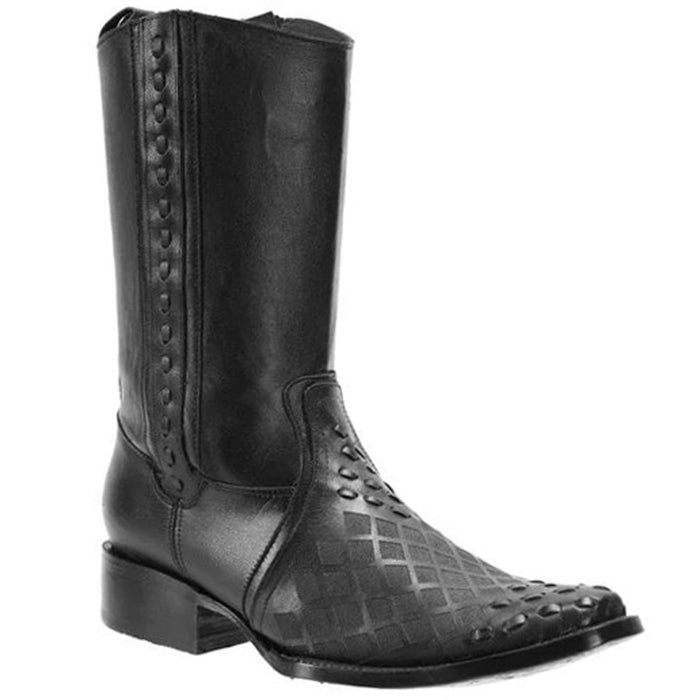 Botas de Cuero Tejido Horma Rodeo Cuadrada Color Negro