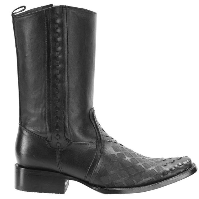 Botas de Cuero Tejido Horma Rodeo Cuadrada Color Negro