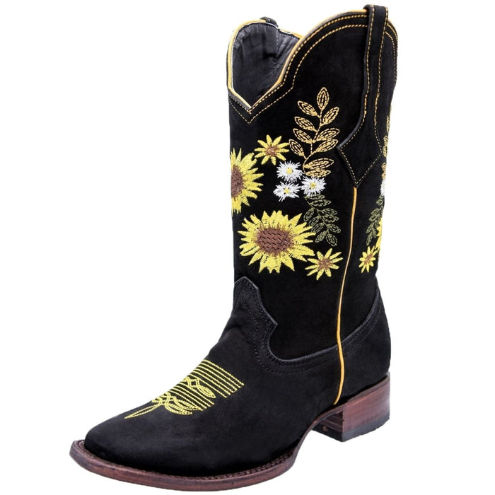 Botas de Gamuza Horma Rodeo para Mujer Color Negro con Girasoles