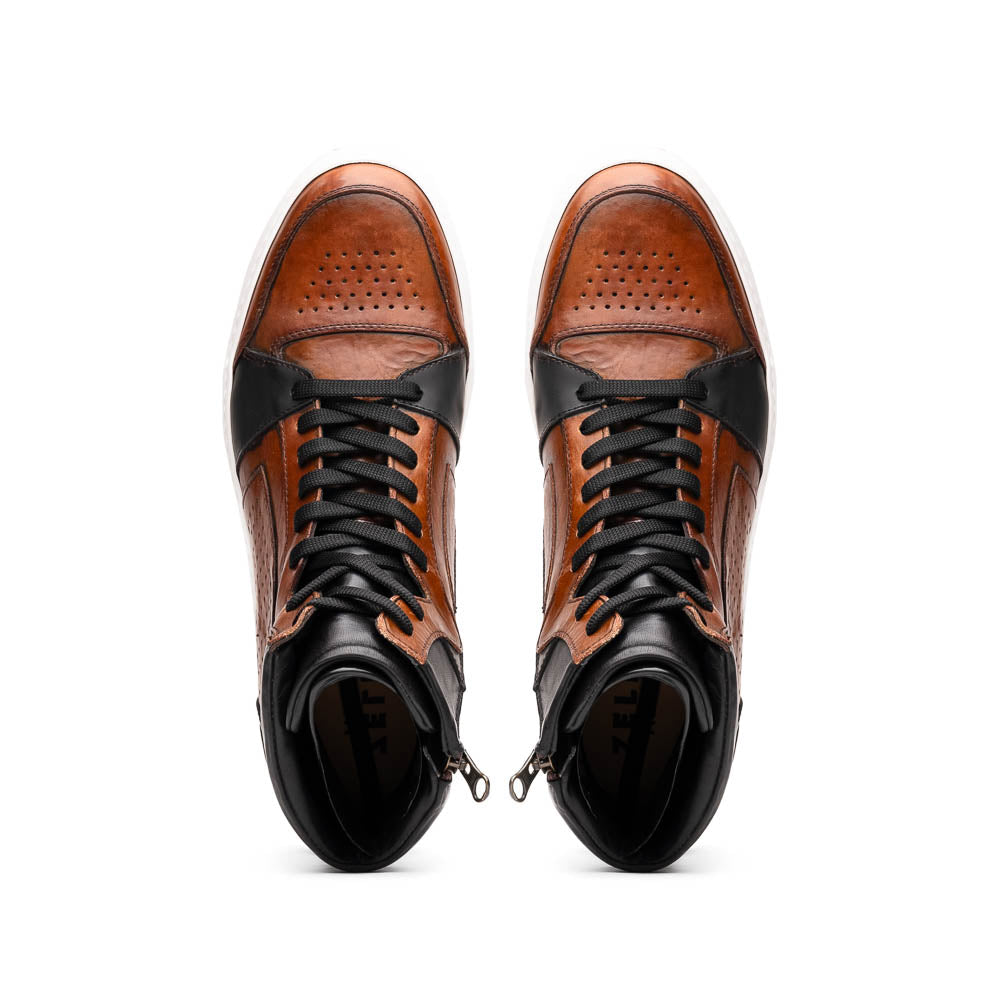 Zelli Bravo Burnished Calfskin High Top Dress Sneaker in Brown