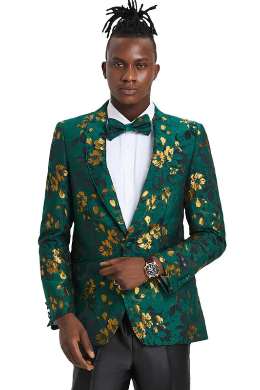 Men's slim fit hunter green and gold paisley prom and wedding tuxedo jacket