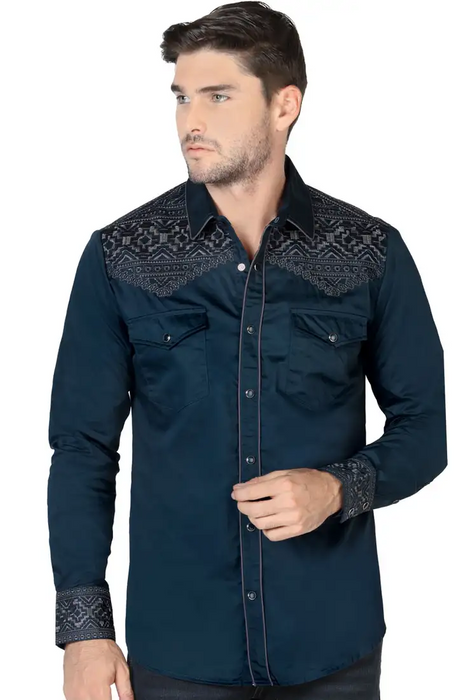 Camisa Vaquera Bordada para Hombre Lamasini Negro y Teal LAM