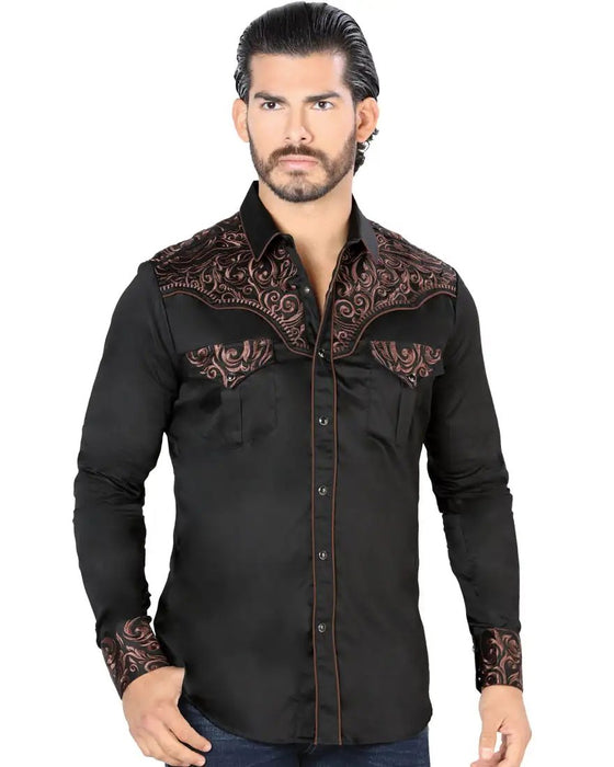 Camisa Vaquera Bordada para Hombre Lamasini Color Negro-Cafe LAM