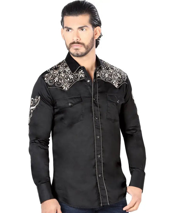 Camisa Vaquera Bordada para Hombre Lamasini Color Negro-Khaki LAM