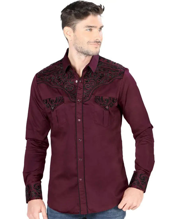 Camisa Vaquera Bordada para Hombre Lamasini Color Vino LAM