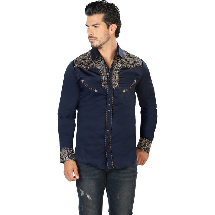 Camisa Vaquera Bordada para Hombre Lamasini Navy y Blanco LAM