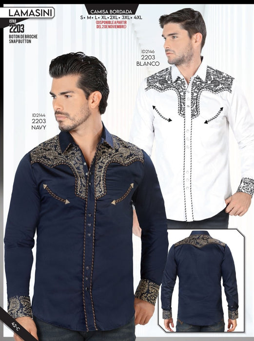 Camisa Vaquera Bordada para Hombre Lamasini Navy y Blanco LAM