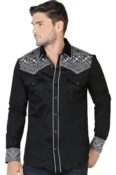 Camisa Vaquera Bordada para Hombre Lamasini Negro y Teal LAM