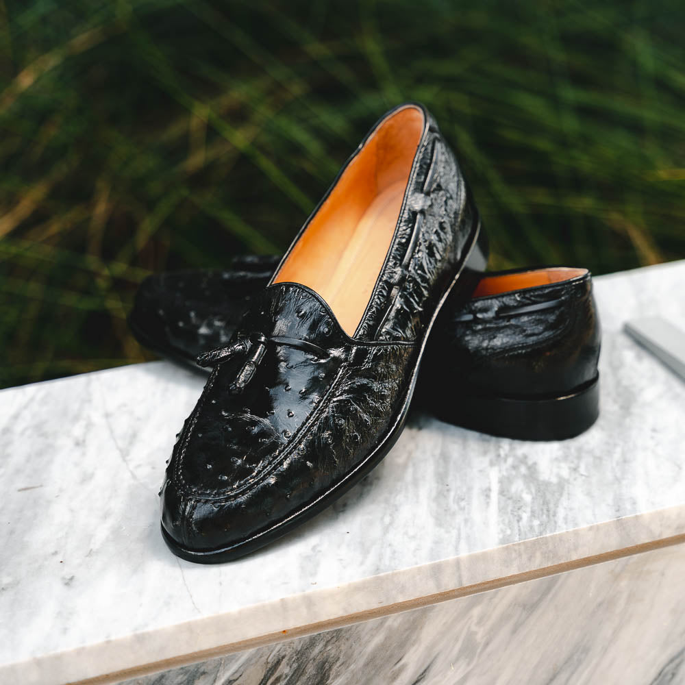 Zelli Franco Genuine Ostrich Quill Tassel Loafers in Black