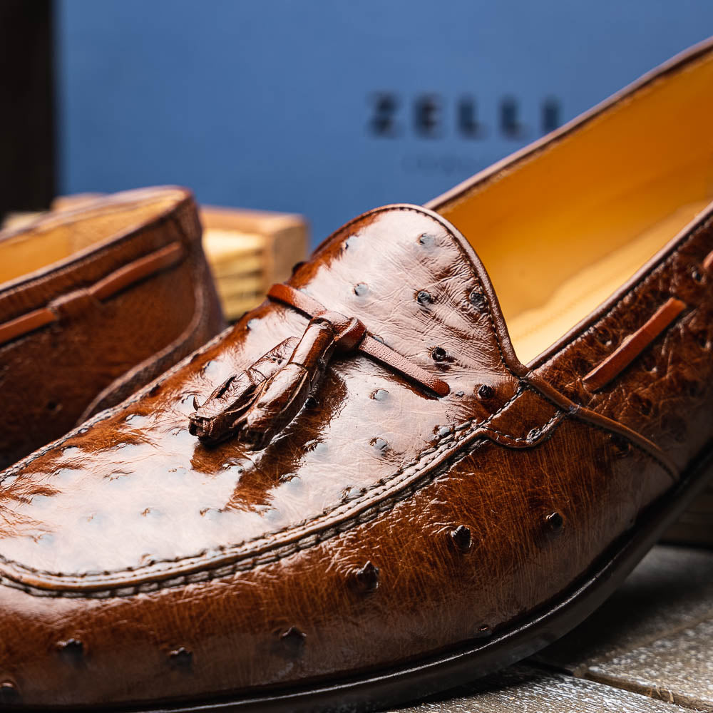 Zelli Franco Classic Ostrich Quill Tassel Loafers in Brown