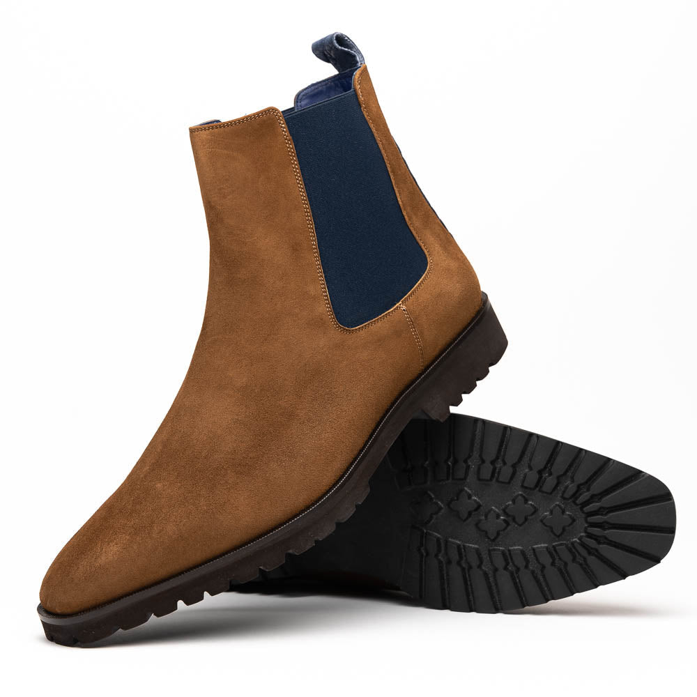 Zelli Gianna Suede Chelsea Boots in Cognac with Flexible Navy Goring