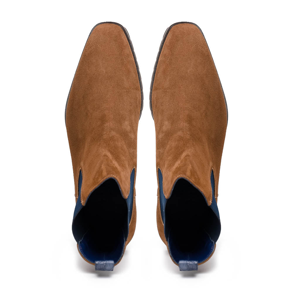 Zelli Gianna Suede Chelsea Boots in Cognac with Flexible Navy Goring