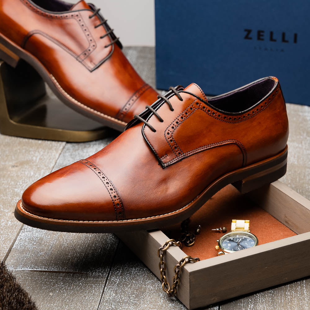 Zelli Giovanni Cap Toe Brogue Dress Shoes in Cognac with Textured Finish