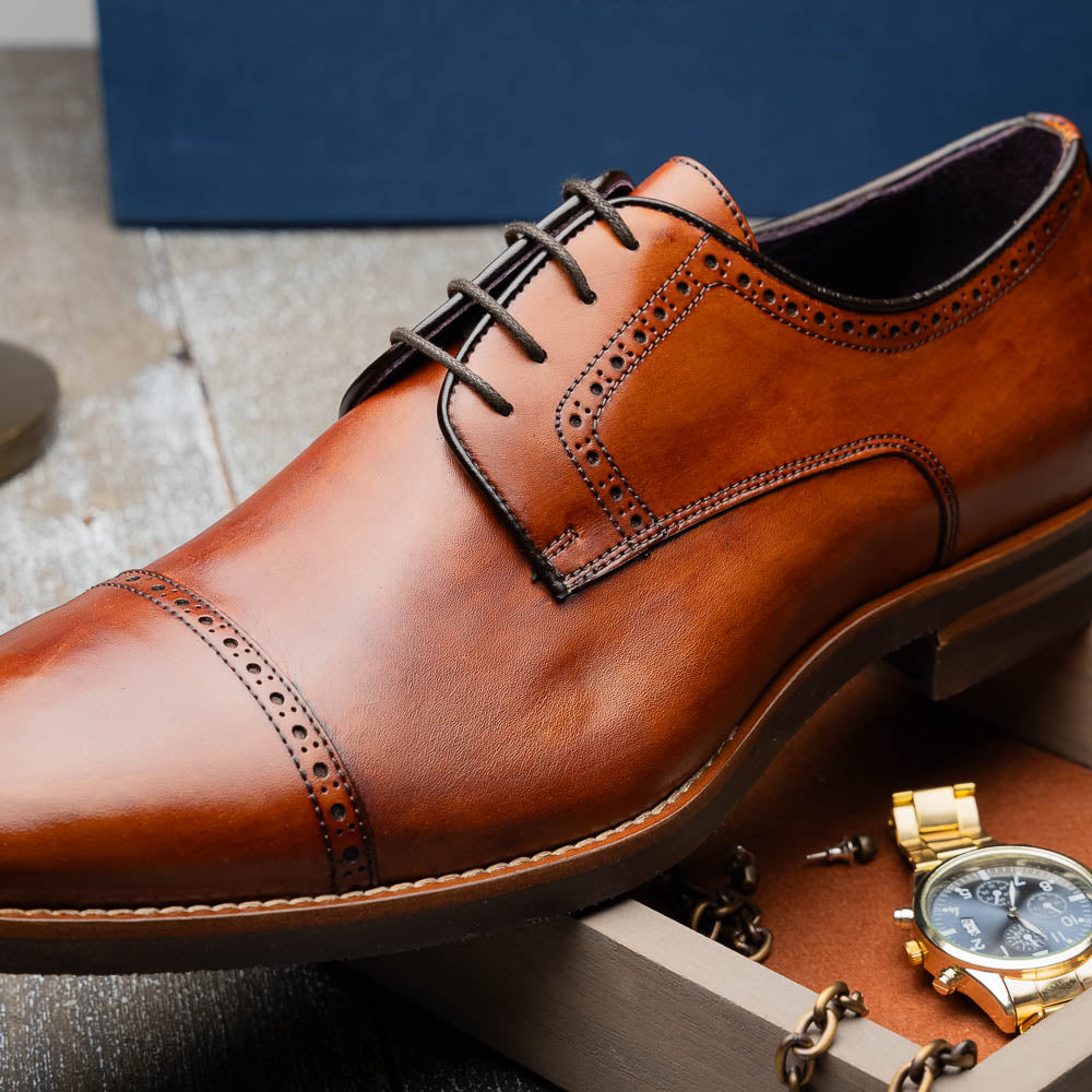 Zelli Giovanni Cap Toe Brogue Dress Shoes in Cognac with Textured Finish