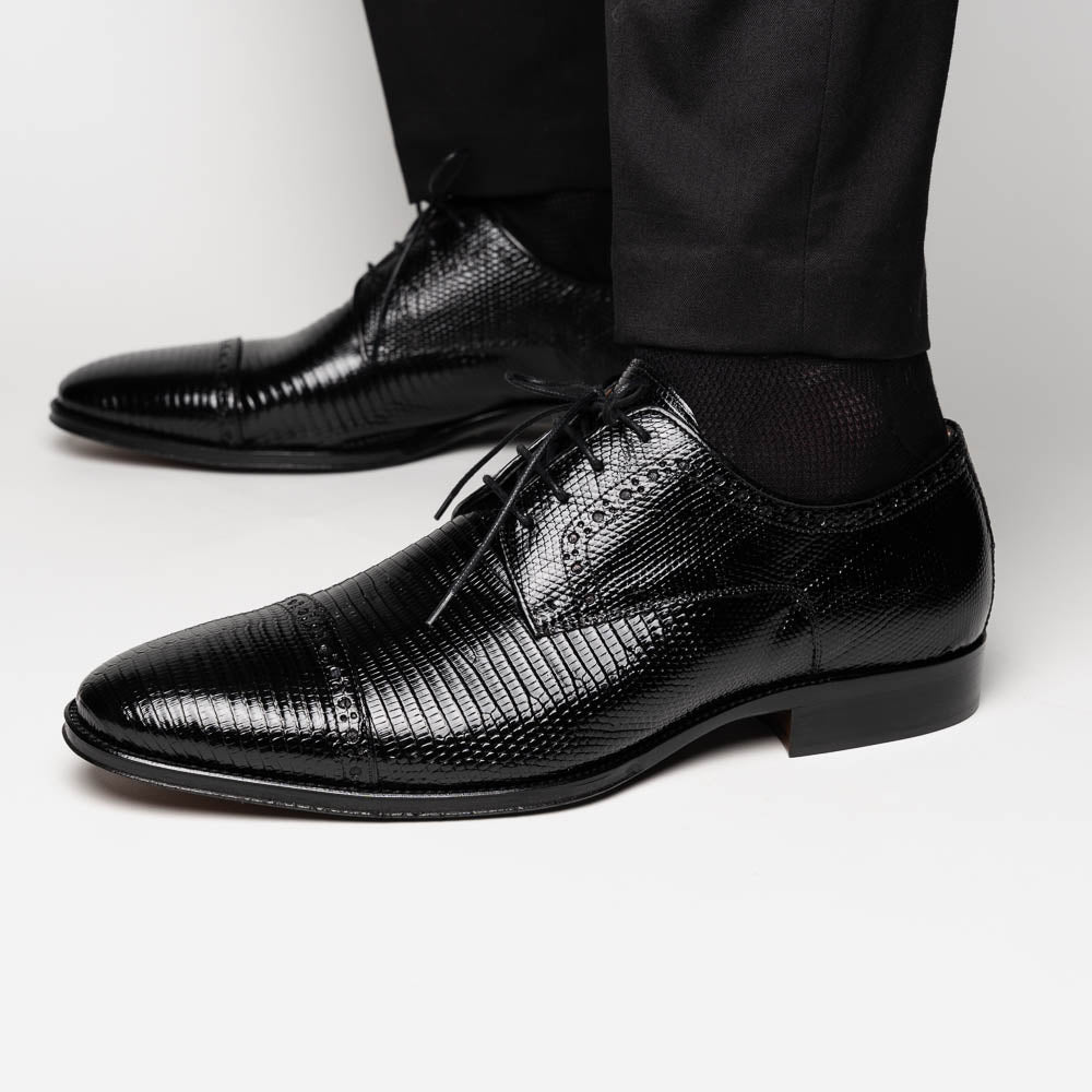 Zelli Giovanni Genuine Lizard Cap Toe Brogue Dress Shoes in Black