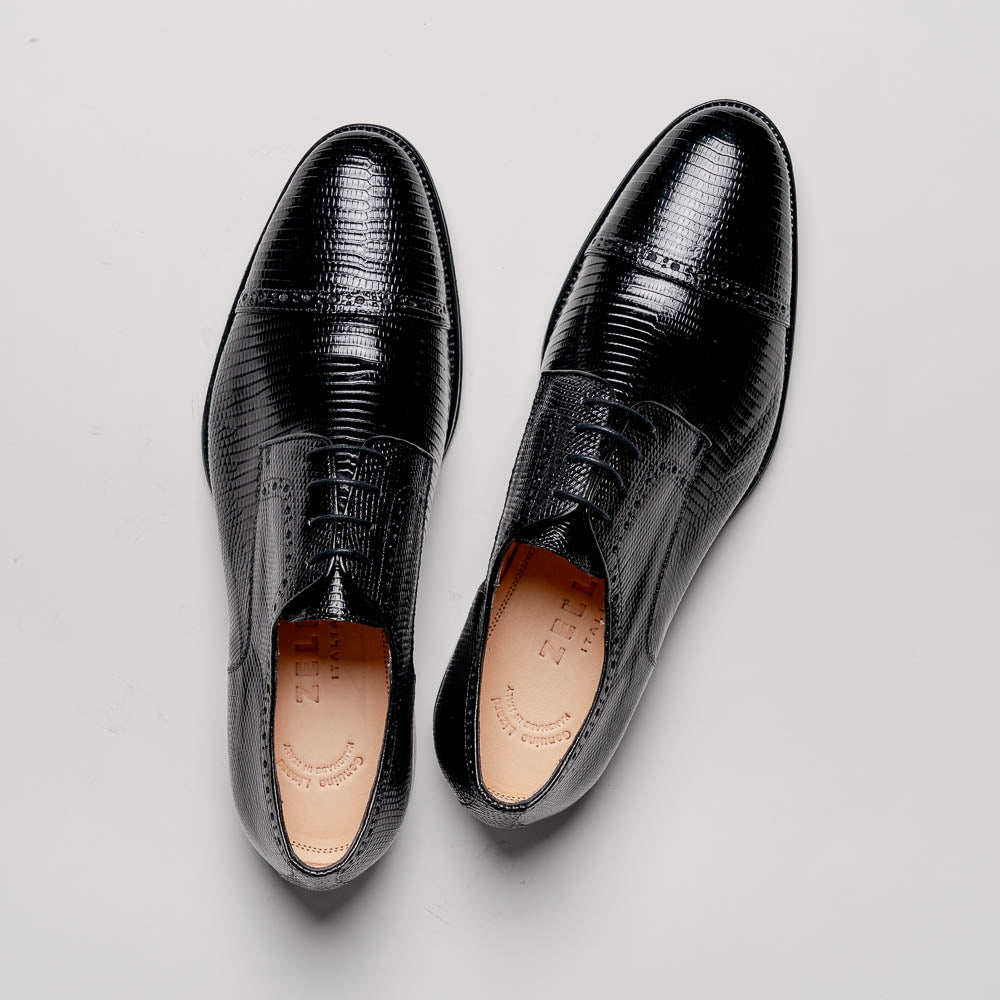 Zelli Giovanni Genuine Lizard Cap Toe Brogue Dress Shoes in Black