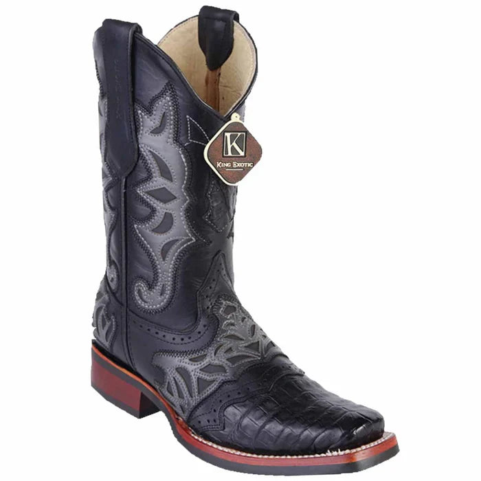 King Exotic Men's Caiman Belly Square Toe Boots with Saddle - Black