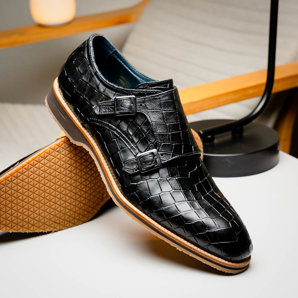 Zelli Legerra Hand Burnished Crocodile Print Monk Strap in Black