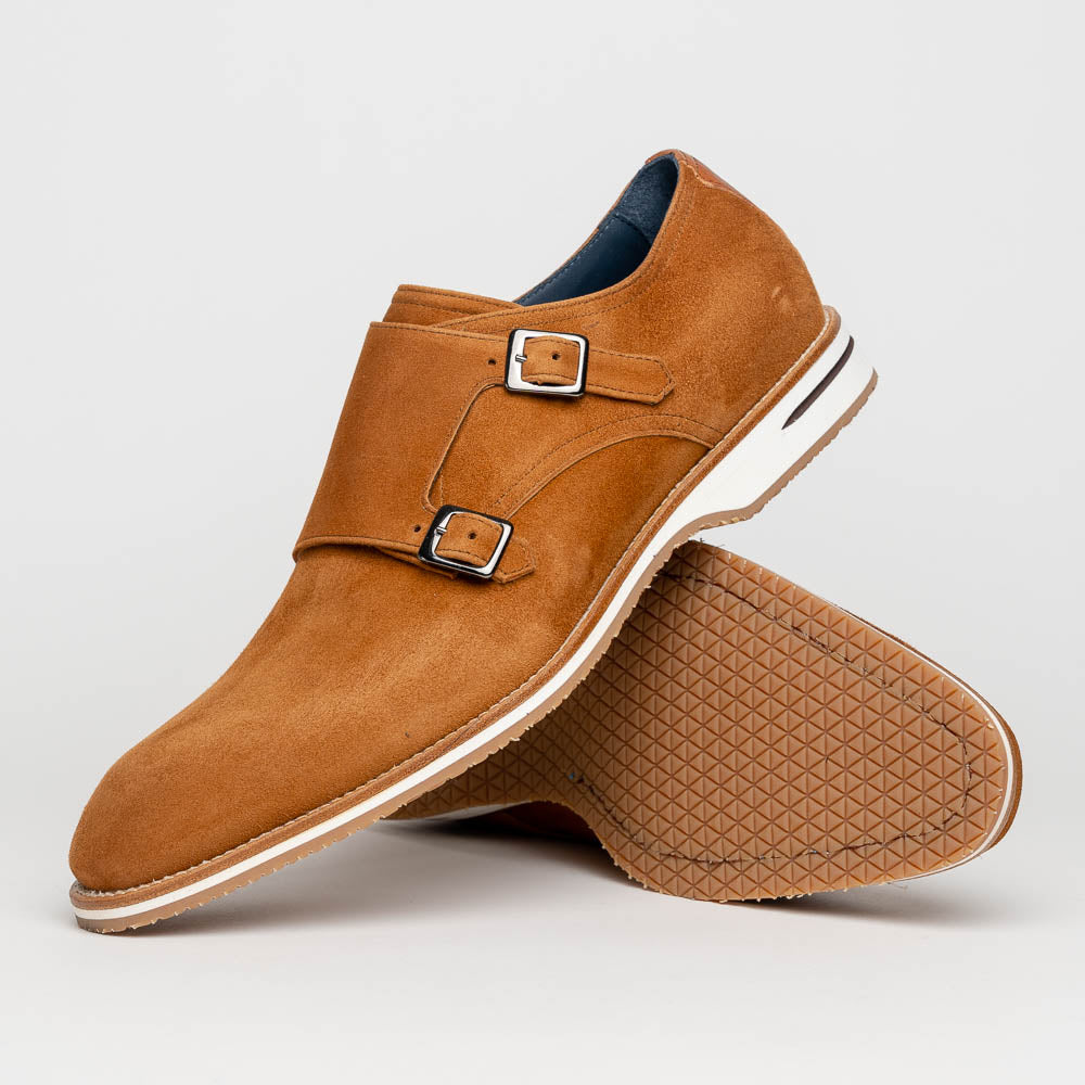 Zelli Legerra Contemporary Suede Monk Strap Dress Shoes in Cognac