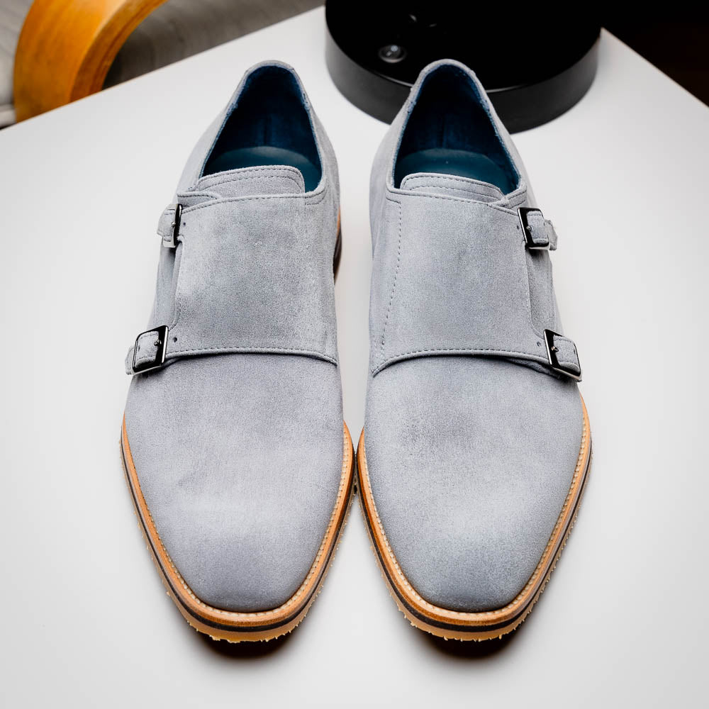 Zelli Legerra Contemporary Goat Suede Monk Strap Shoes in Grey