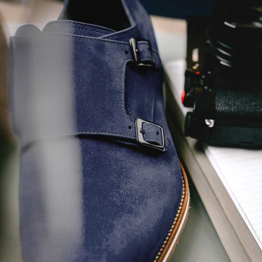 Zelli Legerra Suede Goatskin Double Monkstrap Shoes in Navy