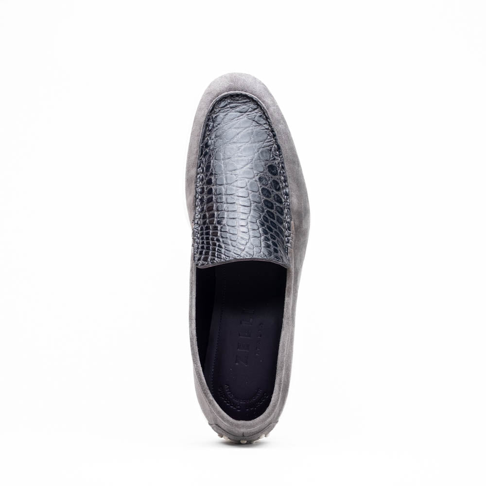 Zelli Bene Sueded Goatskin and Crocodile Loafer in Grey