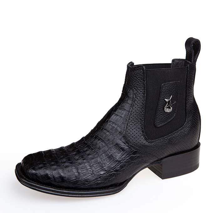 Los Altos Men's Wide Square Toe Caiman Belly Short Boots - Black
